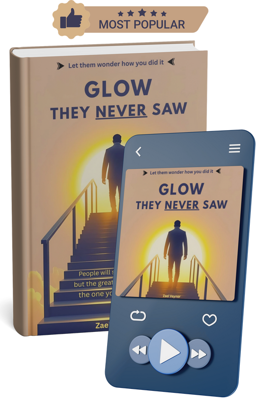 Book titled 'Glow They Never Saw' with a digital device displaying the same cover.