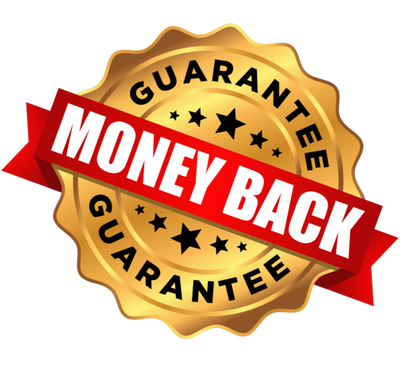 Gold seal with 'Money Back Guarantee' text on a white background