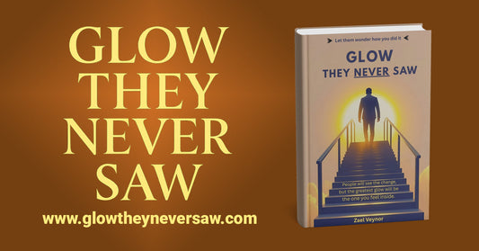 Glow They Never Saw by Zael Veynor on brown background, with the book and link glowtheyneversaw.com