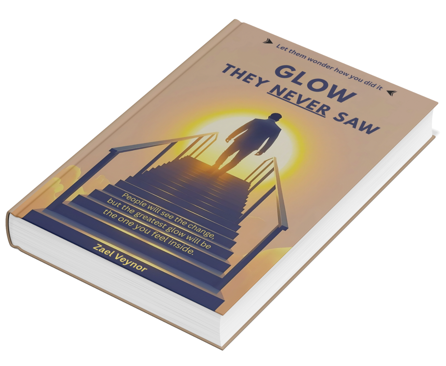 Book titled 'Glow They Never Saw' with a cover design of a person walking up stairs. Zael Veynor self help