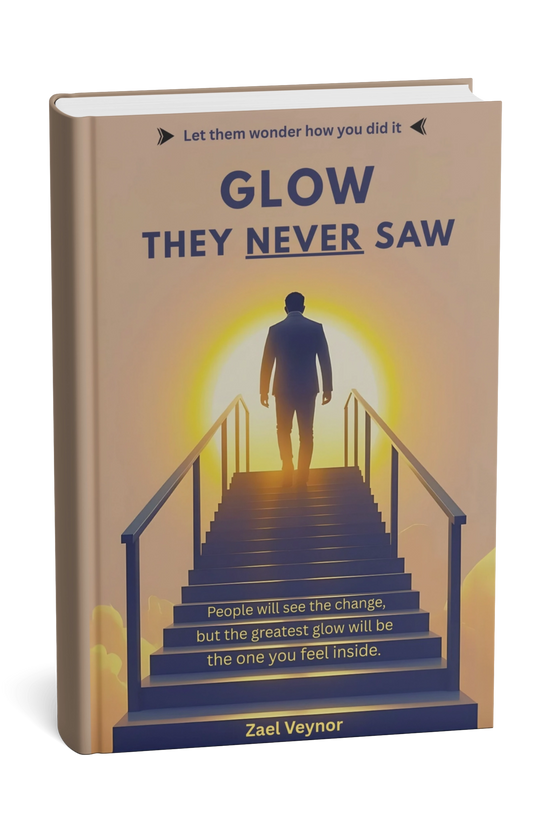Book cover with a silhouette of a person walking up stairs and text about inner glow. Glow They Never Saw by Zael Veynor - Glow They Never Saw by Zael 