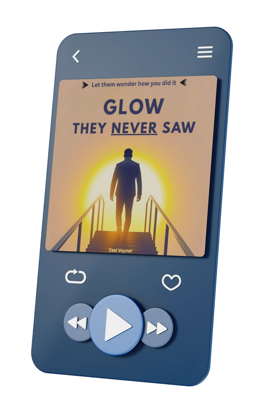 Blue Audio device displaying a book cover titled 'Glow They Never Saw' 