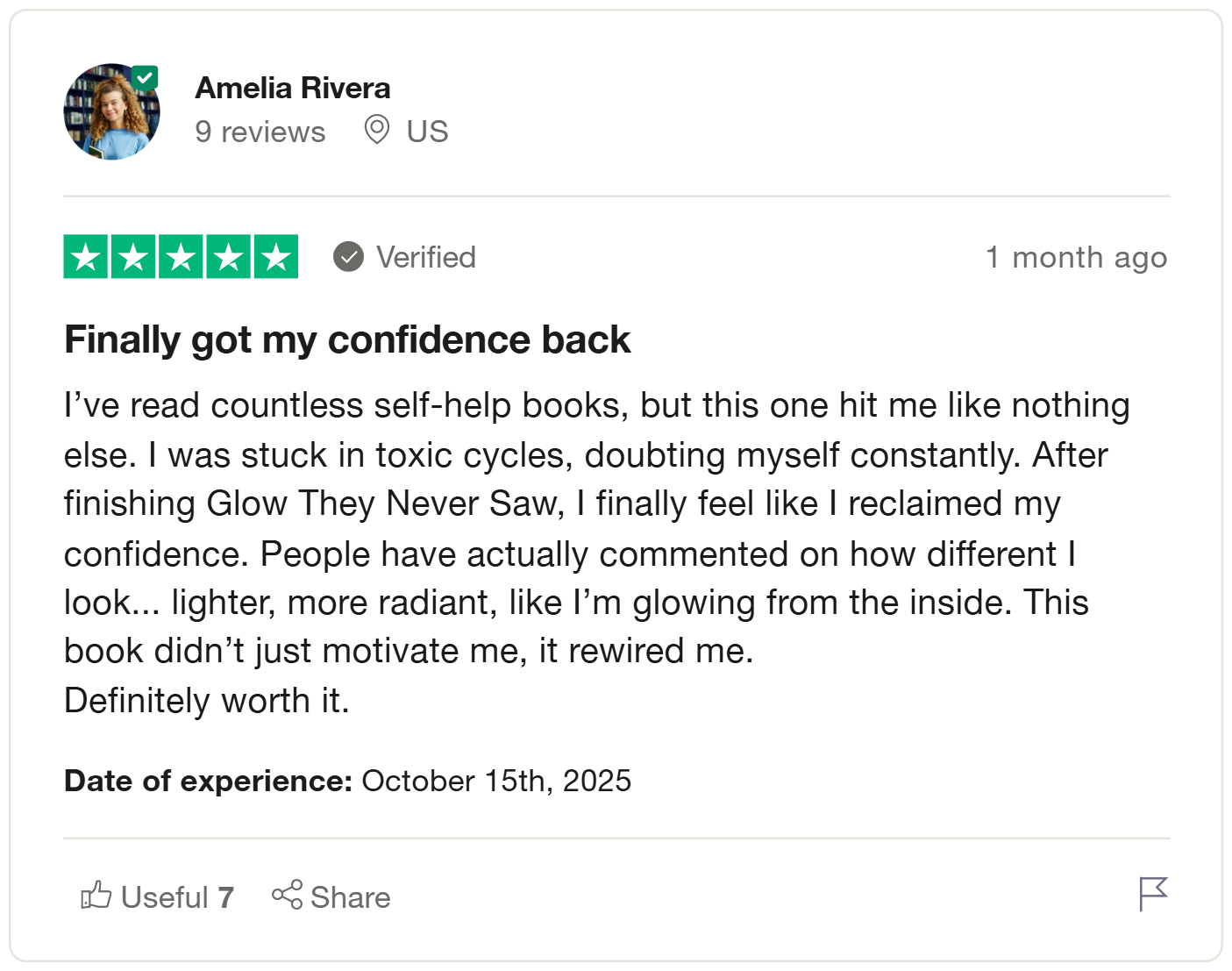 Product review on a platform with a five-star rating, user name, and date of experience.