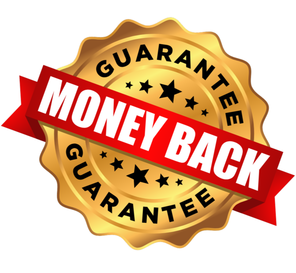 Gold seal with 'Money Back Guarantee' text on a white background