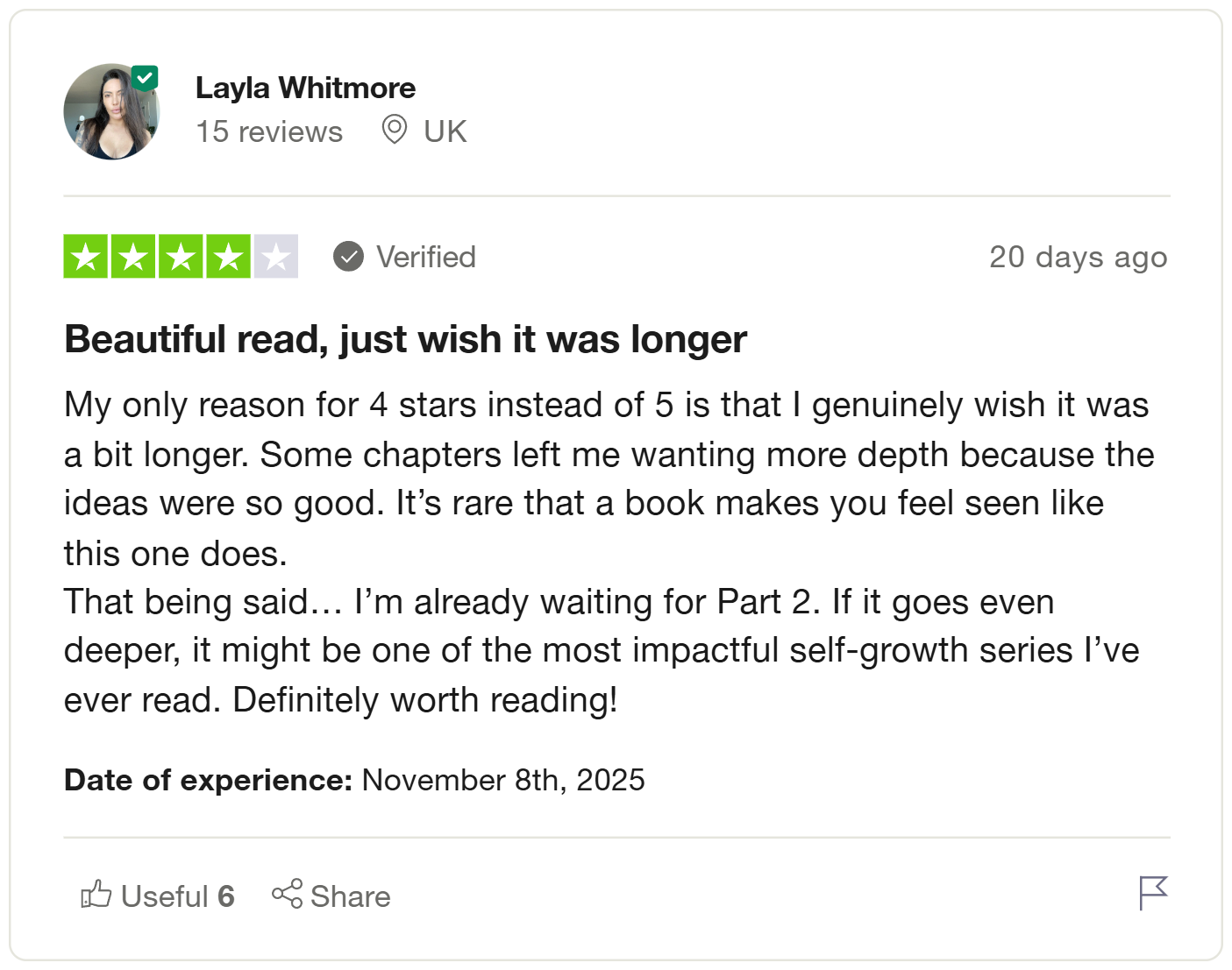 Product review with star rating and text on a white background